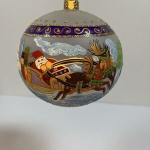 Vintage Hand Painted Glass Christmas Ornament Bombay Co Santa Sleigh Poland